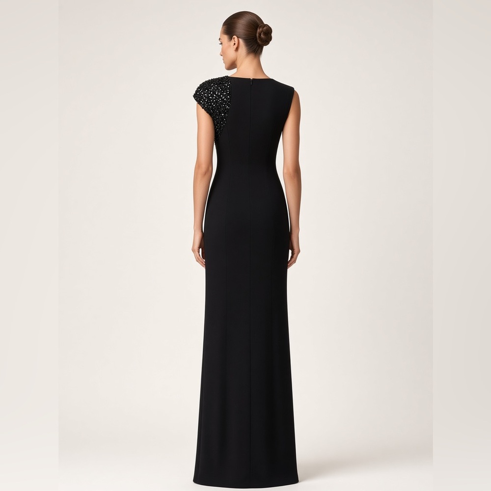 Adrianna Papell Black Beaded Cap-Sleeve Maxi Dress